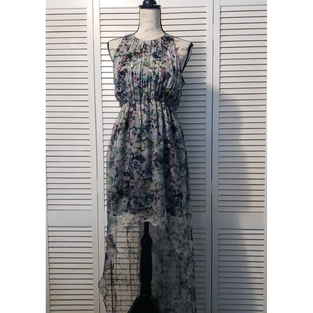 Zara Woman Sleeveless High-Low Dress Women's Large Green Floral Gathered Chiffon